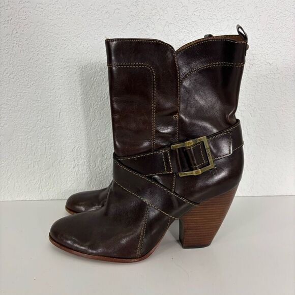 Frye Brown Leather Andrea Mid Calf Heeled Booties - Picture 1 of 10